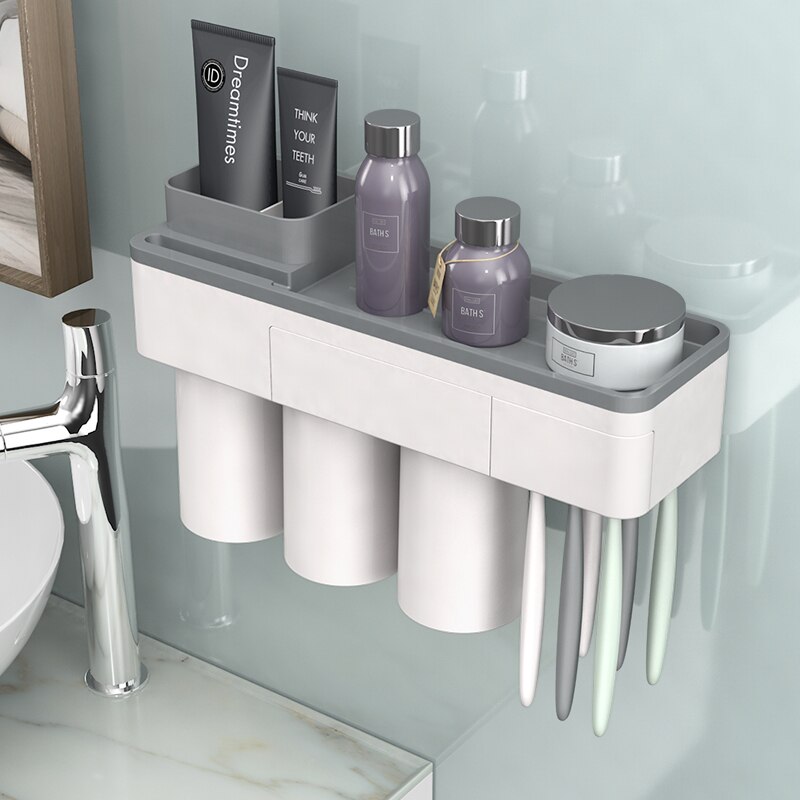 Toothbrush Holder Wall Mounted Automatic Toothpaste Dispenser Storage Rack Soft Toilet Brush Tissue Box Bathroom Accessories Set: Gray 3 Cups