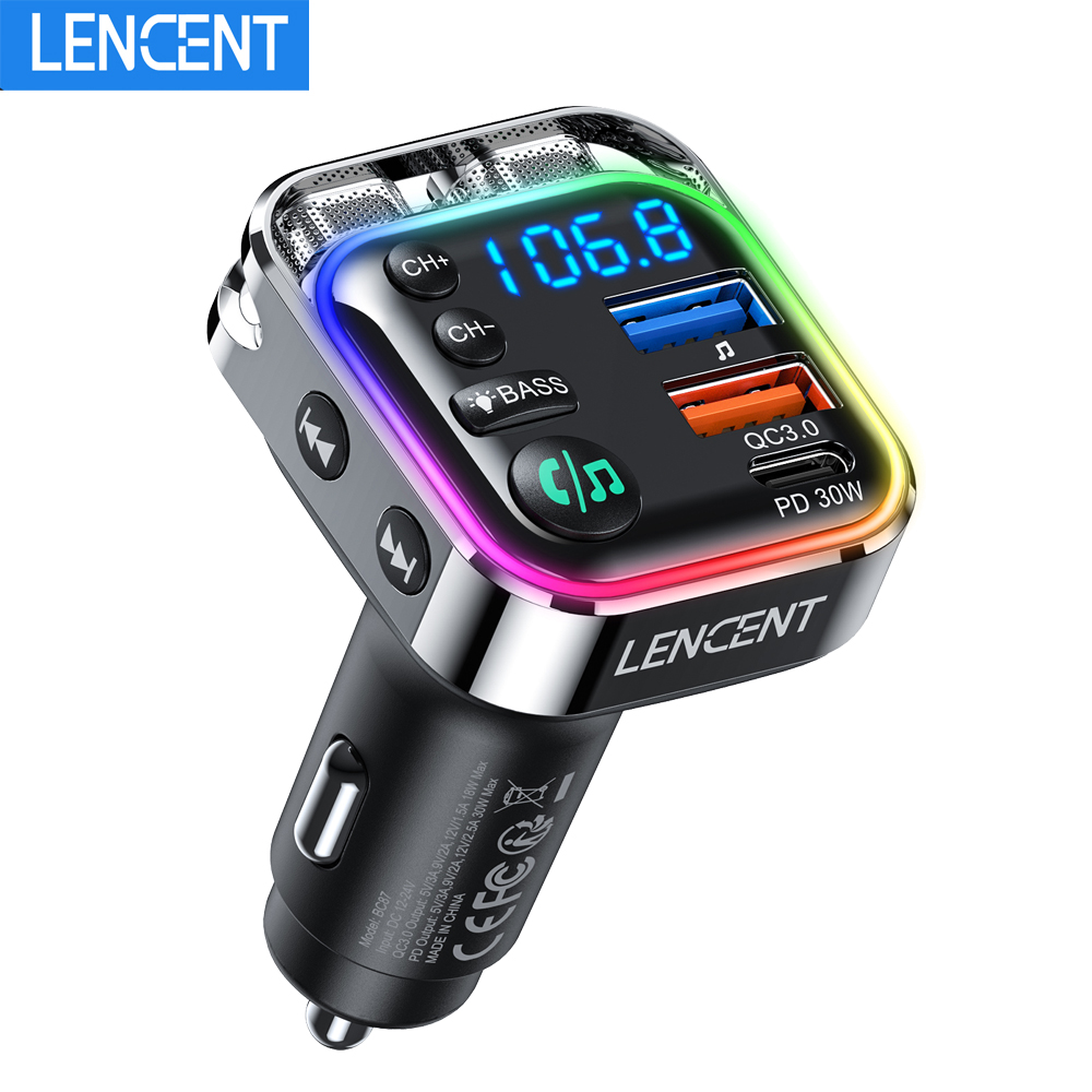 LENCENT Trasmettitore FM Bluetooth 5.3 PD 30W e QC3.0 Caricatore rapido Adattatore per auto Bluetooth kit per auto con musica Ciao-Fi/chiamate trasparenti