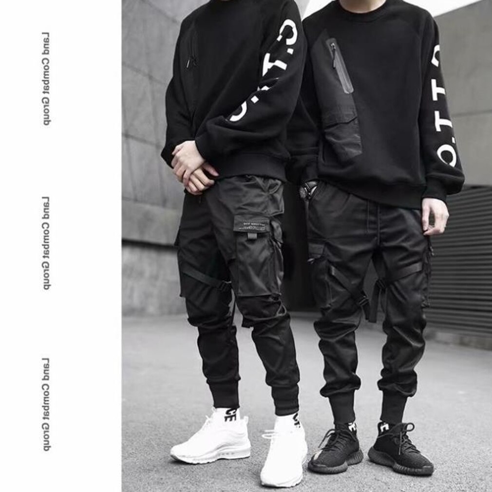 Menn bånd fargeblokk svart lomme cargo bukser joggers harajuku joggebukse hip hop bukser fritid løse bukser