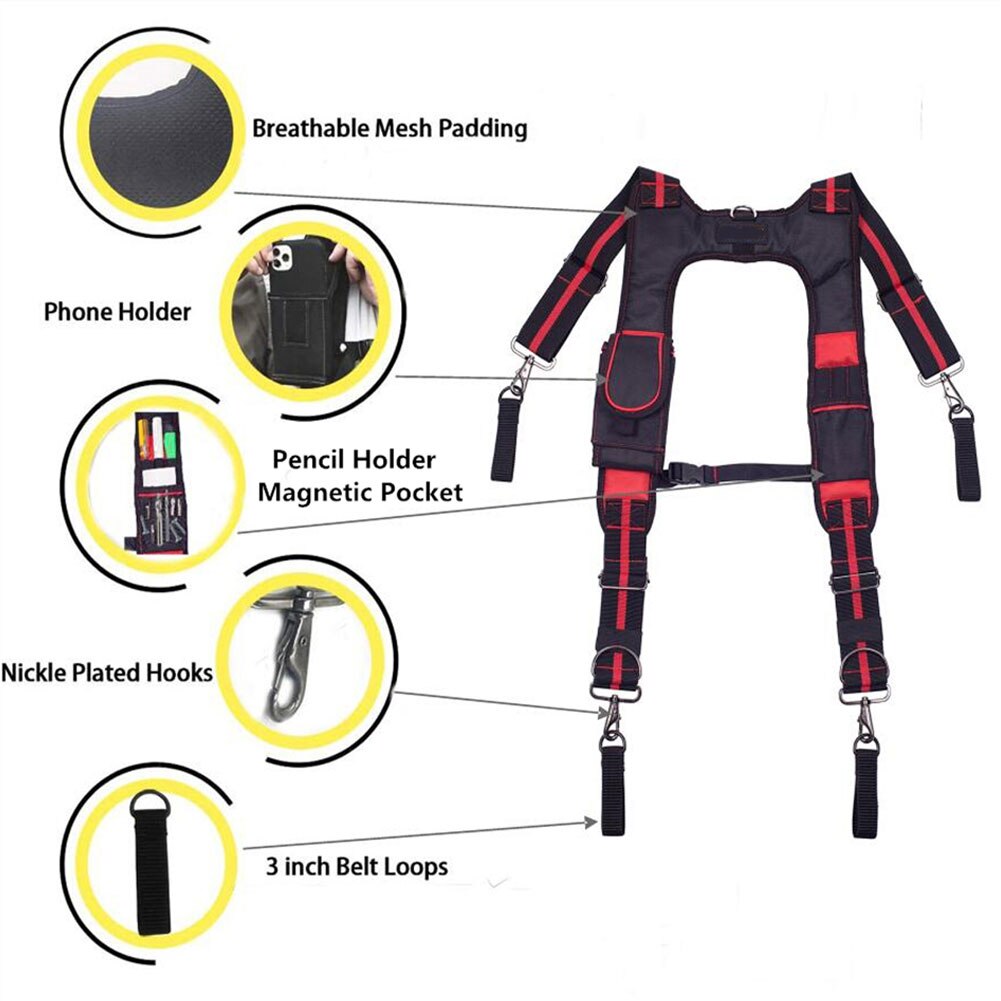 Ensemble de bretelles de travail pour charpentier, ceinture à outils, réglables, rembourrées, lombaires et de style joug, pour électricien