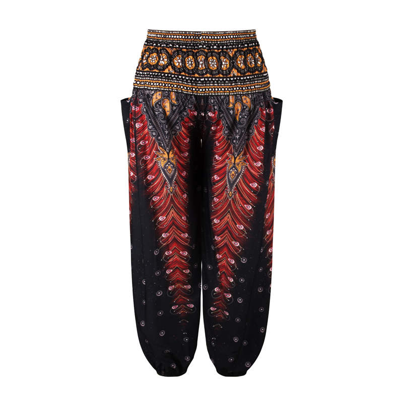 Men Thai Harem Pants Casual Trousers Loose Elastic Waist Vintage Print High Waisted Beach Pants Unisex Women Drawstring