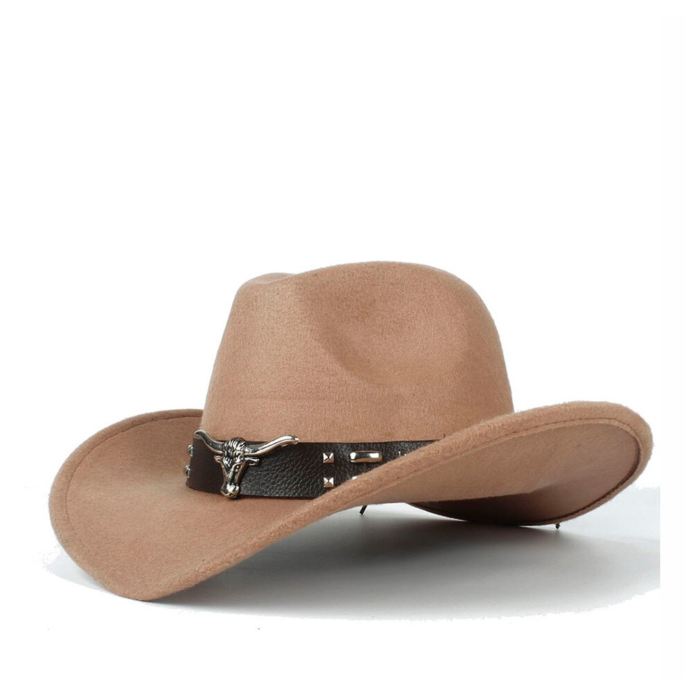 Kvinder mænd hule vestlige cowboy hat med tauren bælte vinter efterår jazz outback jazz toca sombrero cap størrelse 56-58cm: Khaki