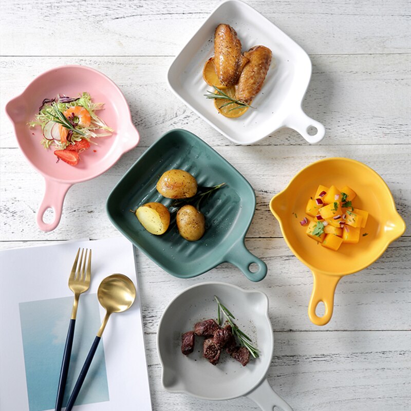 Nordisk ugnstallrik rund fyrkantig dubbelöra med handtag keramisk servis modern hem frukost salladstallrik