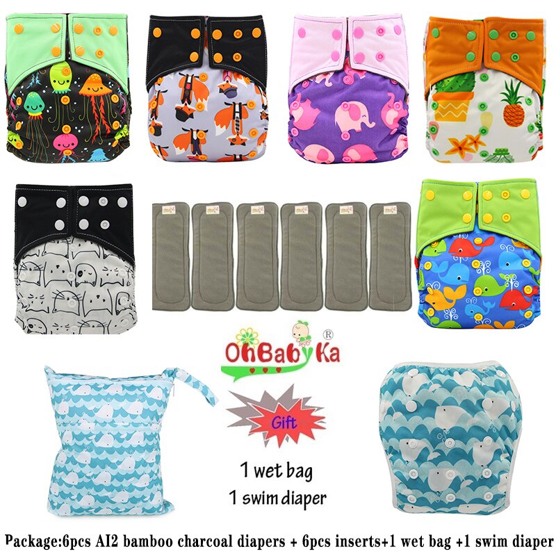 Ohbabyka AI2 wiederverwendbar Tuch Windeln für Mädchen, einstellbare Waschbar Windel 6 stücke + 6 stücke Bambus Holzkohle Einsätze + nass Tasche + Schwimmen Windel: 88