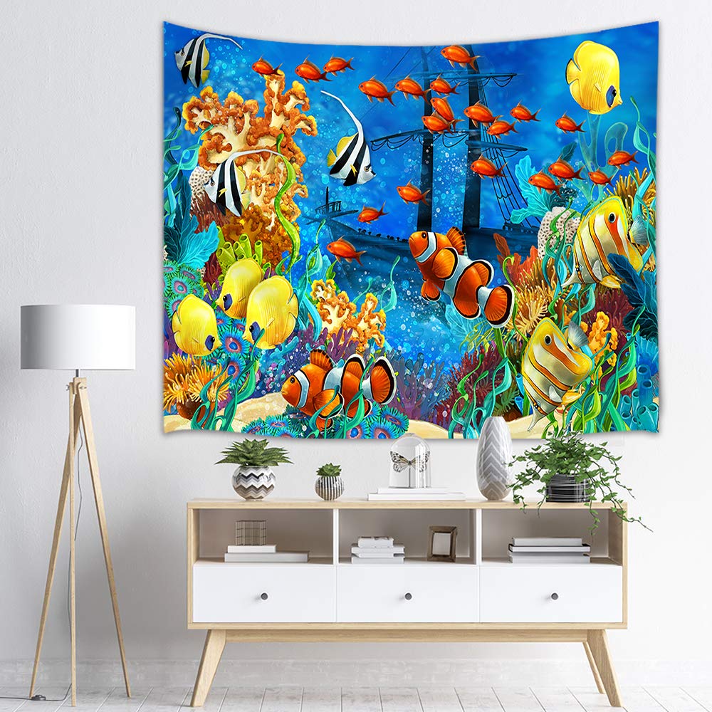 Oceaan Onderwater Wereld Met Vis Coral En Pirate Boot Wandtapijten Opknoping