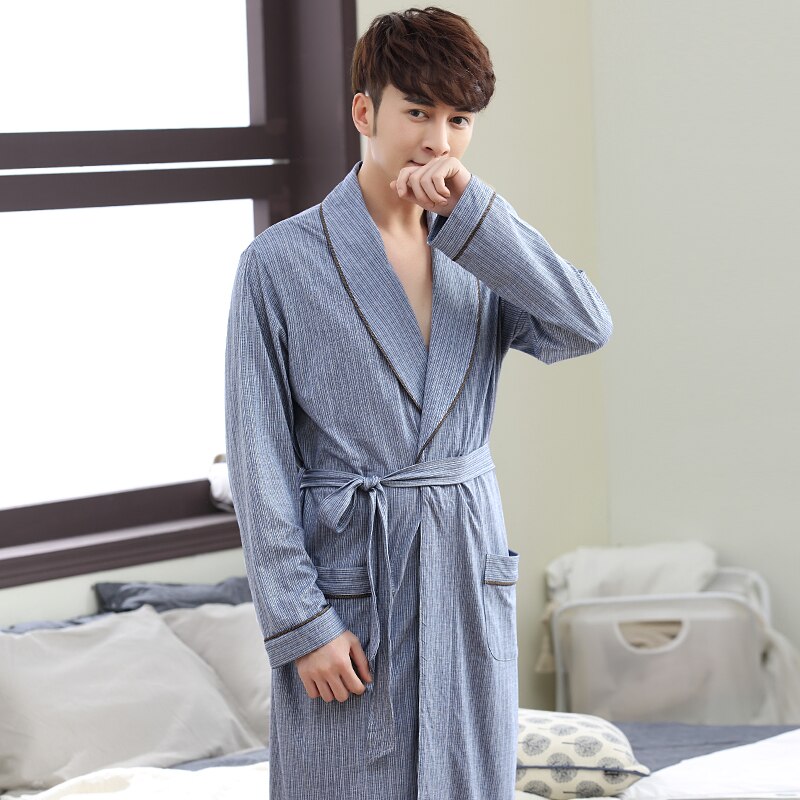 Spring bathrobe men cotton sleepwear nightgown mens knitting long sleeve soft autumn blue home hotel summer