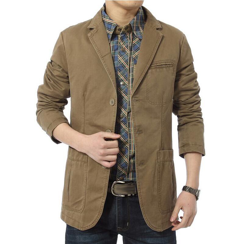 Blazer Men Casual Blazers Cotton Denim Parka Men's Slim Fit Jackets Army Green Khaki Large Size M-XXXL 4XL Outdoors Outwear Coat: Khaki / L