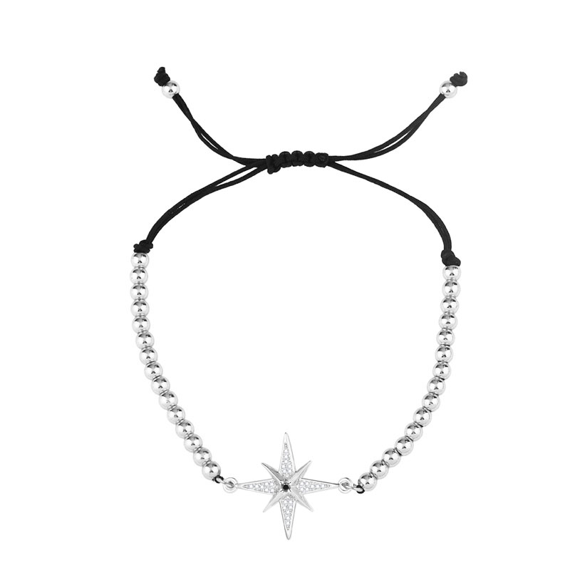 Witte & Zwarte Cz Stenen Starburst Bedelarmband Vrouwen Meisje Zirkonia Kristal Rood Koord Achtpuntige Ster Lichte Sieraden Cadeau: Rhodium Plated