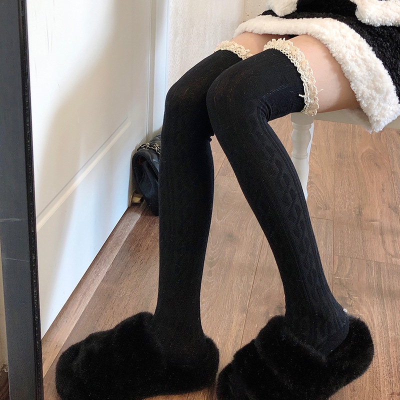Calzini Donna Autunno/Inverno Tinta unita Coscia alta in pizzo Carino Lolita Calze spesse e calde Calzini a gamba lunga bianchi neri per le donne