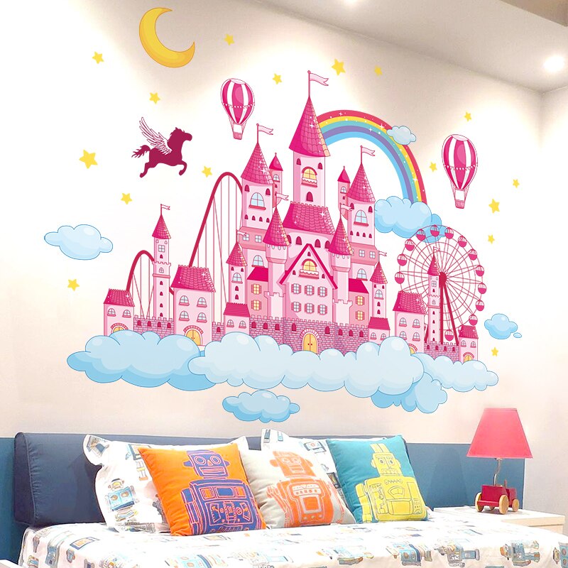 [shijuehezi] cartoon kasteel muurstickers diy wolken maan sterren muurstickers voor kinderkamer babykamer huisdecoratie