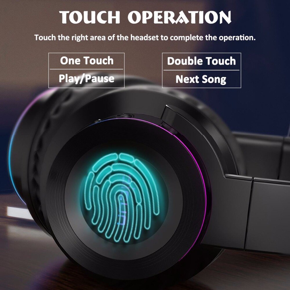 Picun  b9 vikbar bärbar trådlös bluetooth 5.0 hörlurar ledt headset pekstyrning hörlurar med mikrofon tf-kort för mobiltelefon