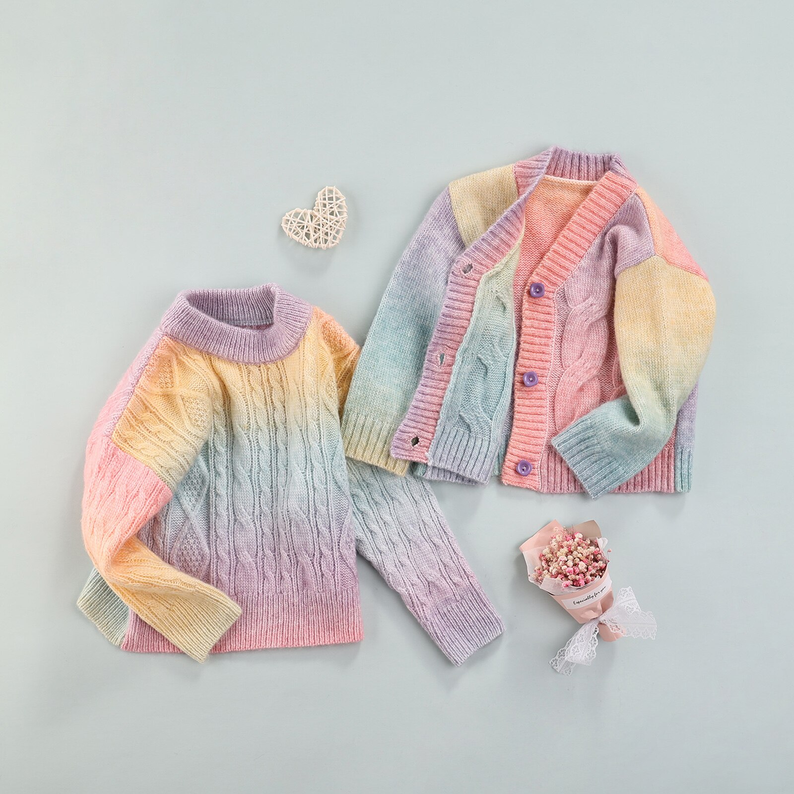 0-10Y Winter Fall Children Girl Sweater Cardigan Sweet Rainbow Gradient Twist Round Neck Long Sleeve Button Pullovers/Coats