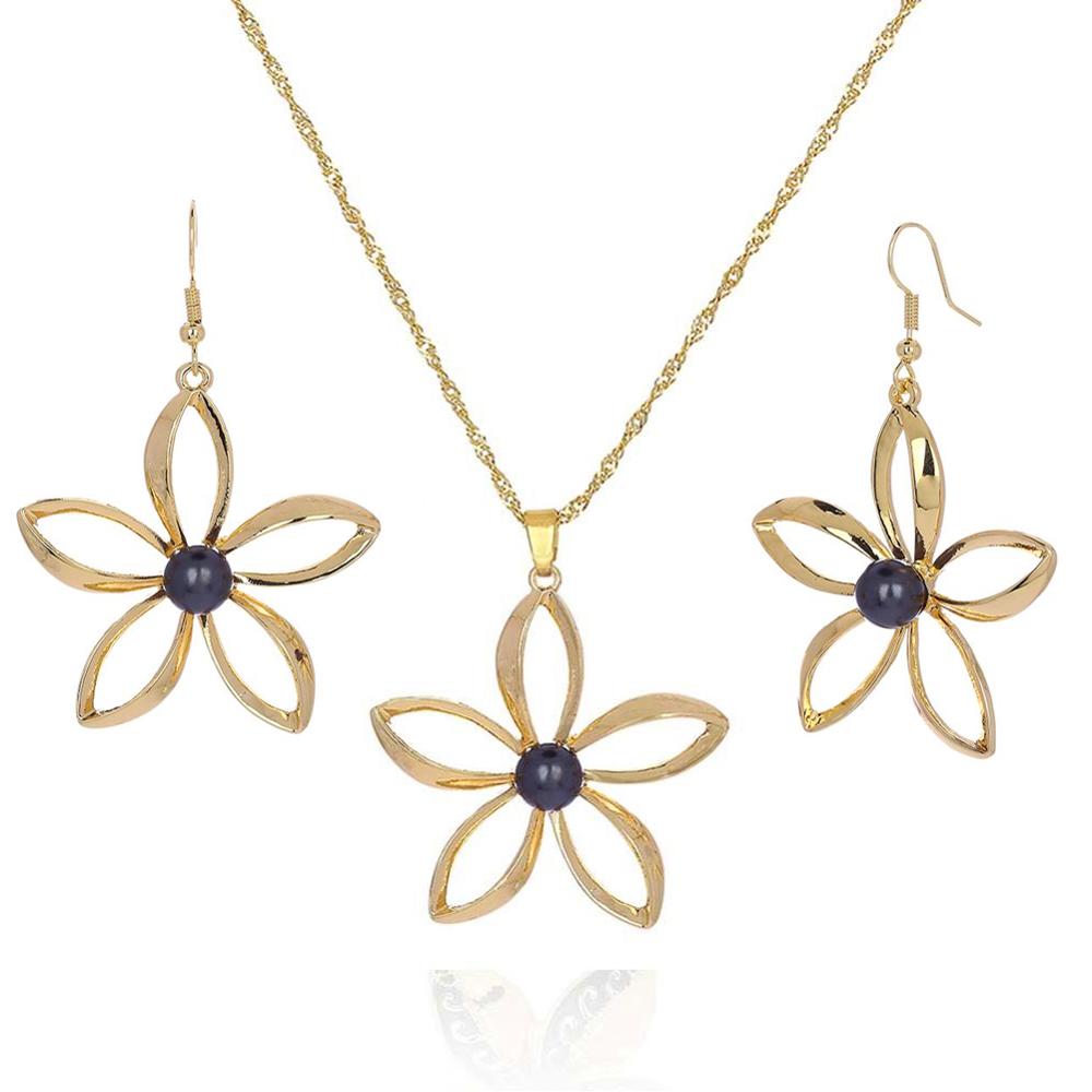 Women Plumeria Flower Necklaces Set Polynesian Hawaiian Samoa Marshall Style Pearl Jewelery Sets Necklace with Earrings: Default Title