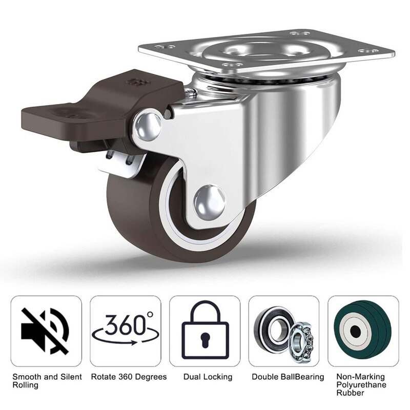 4PCS Caster Wheels With Brakes Noiseless Rubber 1 Inch Swivel Moving Dolly Wheels For Furniture Cabinet Trolley Caster Trolley
