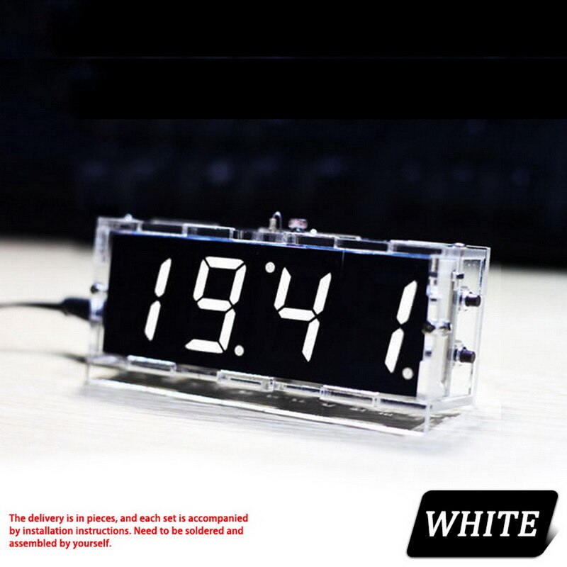 Diy Digital Led Clock 4digit Light Control Temperature Date Time Display Transparent Case Indoor Outdoor With Speech Alarm Clock: No battery White