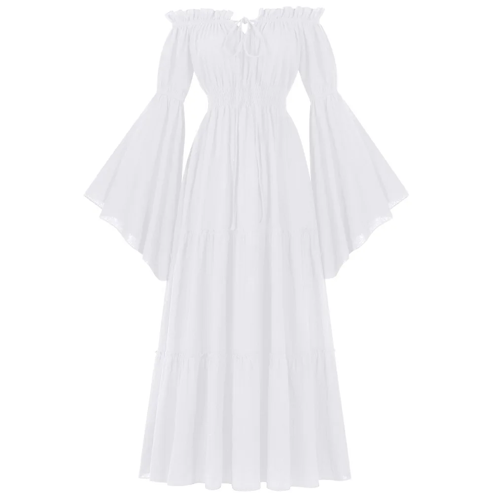 Damen Renaissance irisches Kleid, schulterfrei, mittelalterliches Bauernkleid, Piratenkostüm, Dirne, Retro-Kleid, gesmokte Taille, Maxi-langes Kleid
