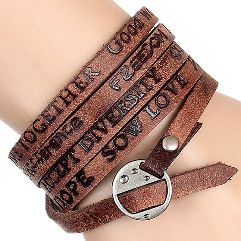 the Bracelet Embossed English Letters Leather Retro Old Multi-Turn