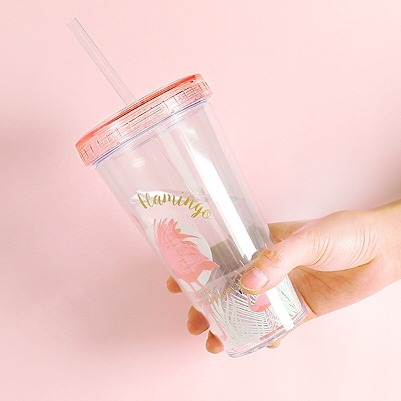 500ml flamingo plast resor te kaffe mugg halm kopp tubuli med lock söt tecknad dricka dubbel vägg för mjölk juice vatten