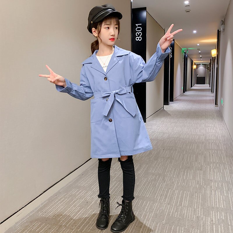 Long Style Teenager Clothes Girl Kids Trench Coat Spring Autumn Windbreaker Jacket for Girls Age 4 5 6 7 8 9 10 11 12 13 14 Year: Blue / 11