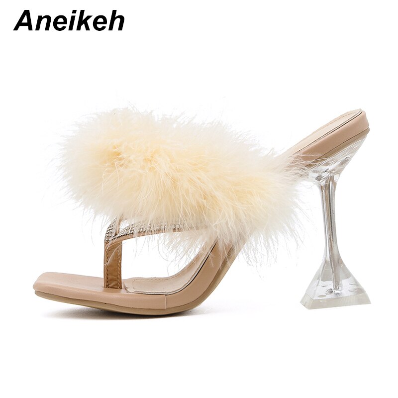 Aneikeh sommer kvinde behåret pels flip flops pvc gennemsigtig fjer plexiglas krystal høje hæle peep toe muldyr dame slides sko