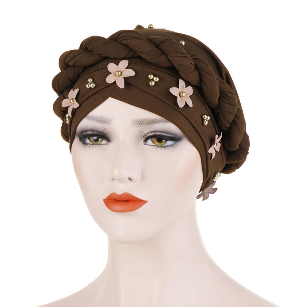 Gorros dorados 3d flor estilo africano sombrero con cuentas musulmana accesorios para el pelo turbante mujer sólida trenzada Banda TUB002: coffee brown