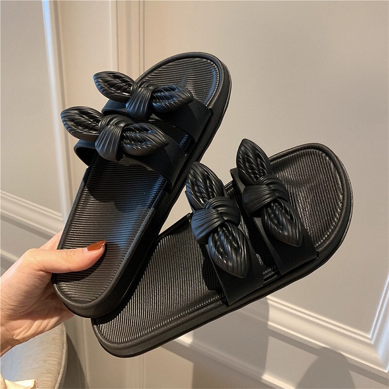Zomer Vrouwen Slippers Flats Strik Dames Outdoor Strand Slides Slip Op Vrouw Schoenen Dikke Bodem Vrouwelijke Schoenen Mode: Black / 6.5