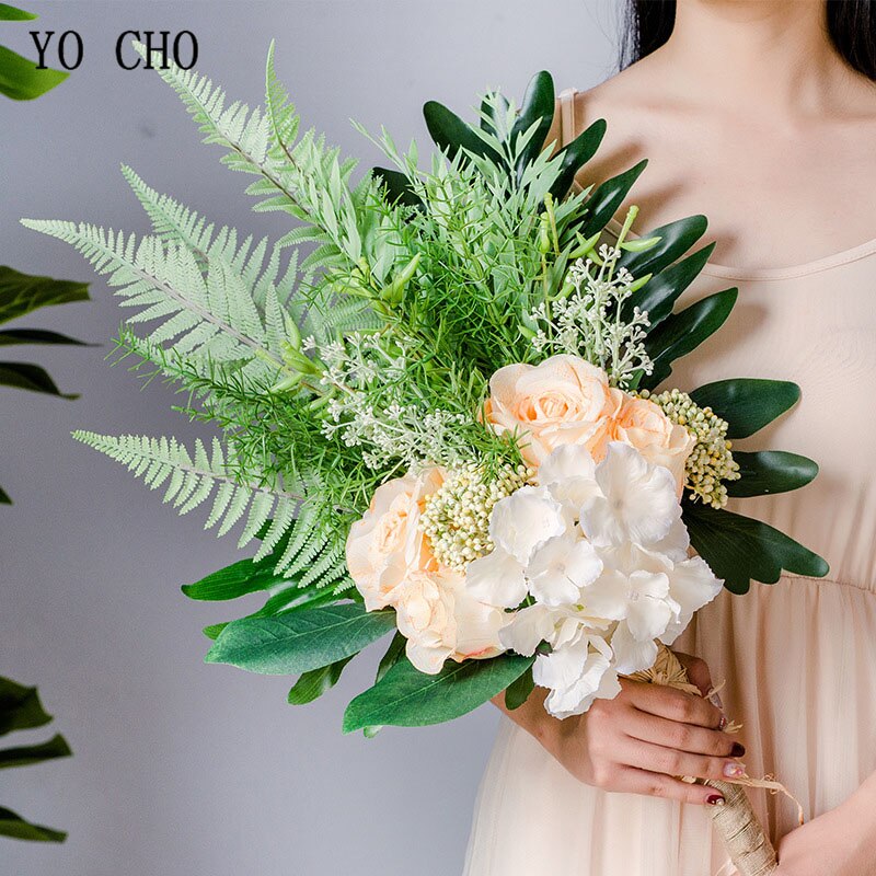 YO CHO Braut Hochzeit Strauß Fotografie Hochzeit Liefert Künstliche Seide Rose Hortensien Blume Cycas Strauß Grünen Wald Stil