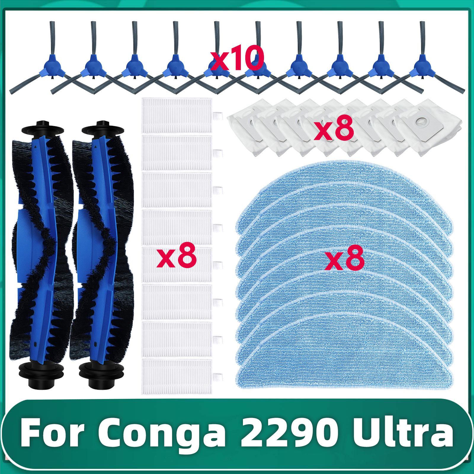 Compatible For Conga 2290 Ultra Series(05661) Replacement Main Side Brush Cover Hepa Filter Mop Cloths Wipe Accessories