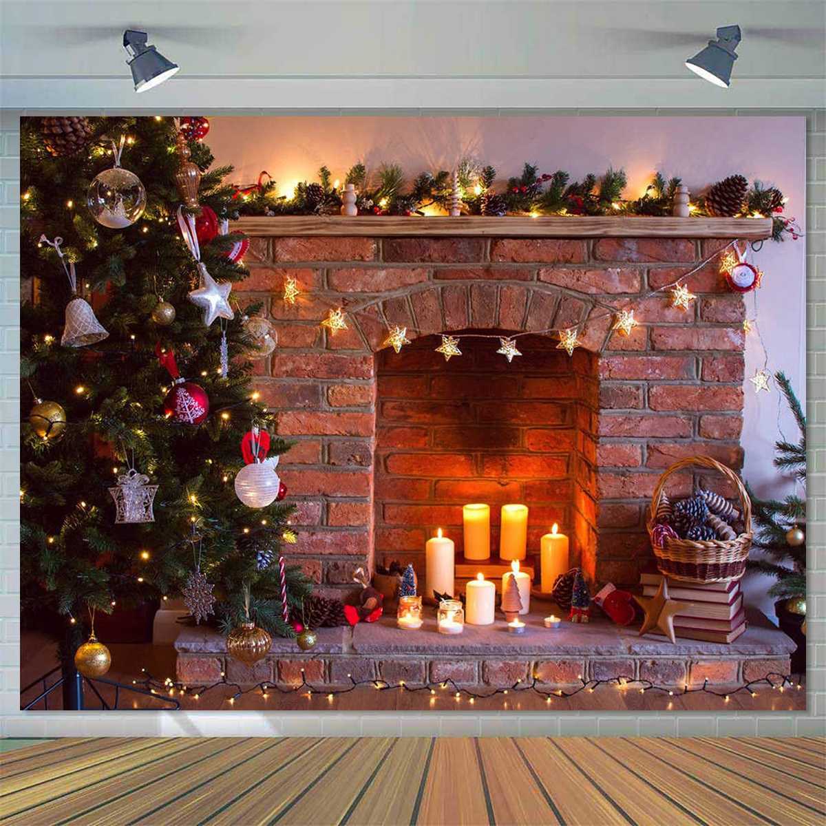 Boże narodzenie tło kominek drzewo zima okno pokój wnętrze urodziny dziecka fotografia tło dla zdjęcie studio Photophone