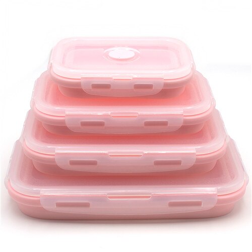 4 Stks/set Siliconen Rechthoek Lunchbox Inklapbare Bento Box Vouwen Voedsel Container Kom 300/500/800/1200ml Voor Servies: 03 pink