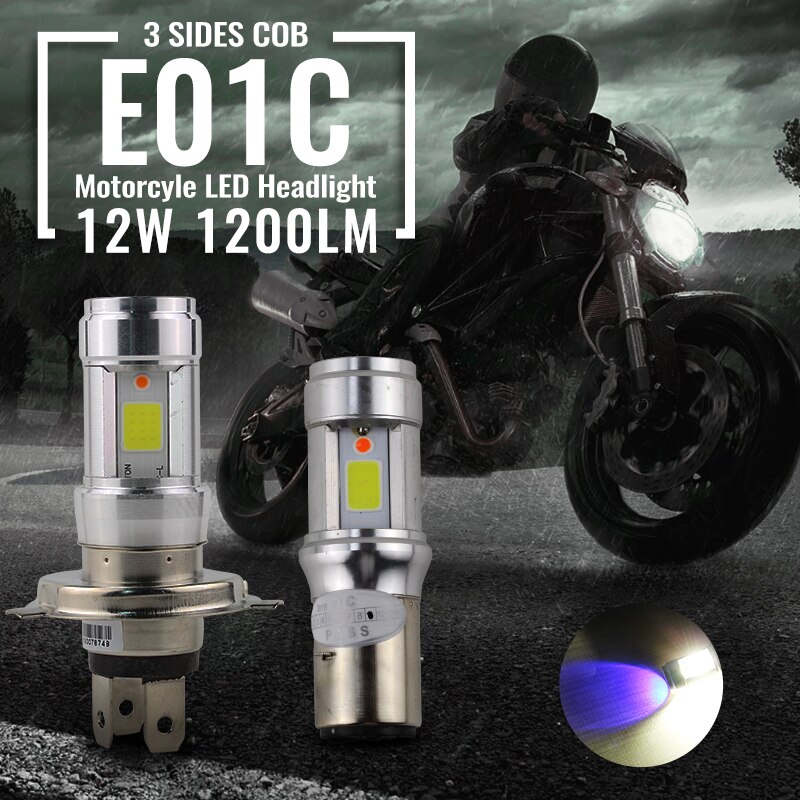 RTD E01C Motorcycle LED Headlight Dual Beam 12W 1200LM H4 HS1 P43T S2 BA20D Light Bulbs Scooter Motorrad E-bikes 3Sides Blue DRL