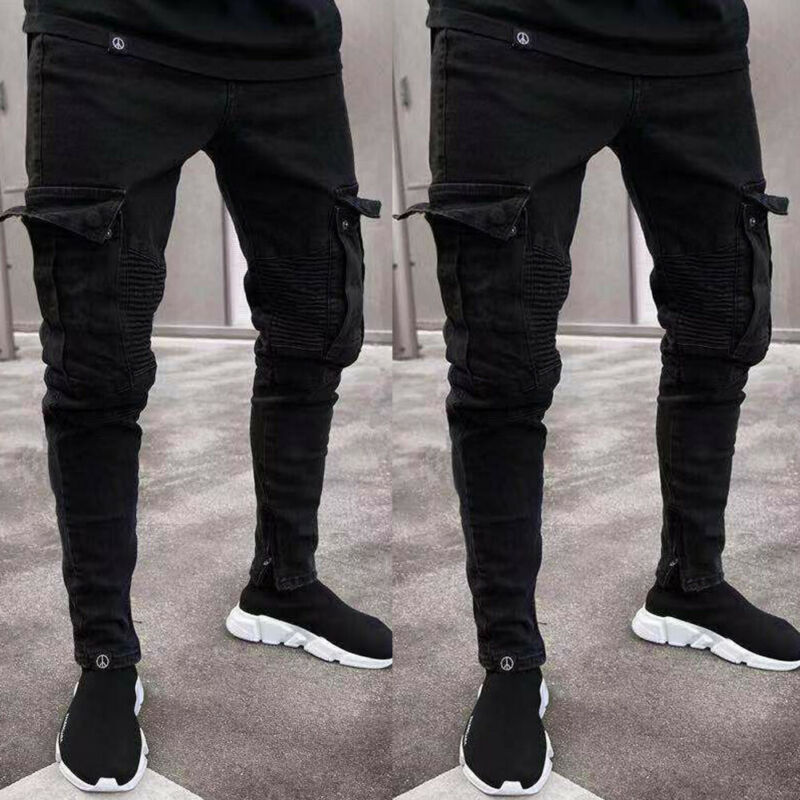 noir Jean hommes Denim Skinny Biker Jeans détruit effiloché Slim Fit poche Cargo crayon pantalon grande taille S-3XL