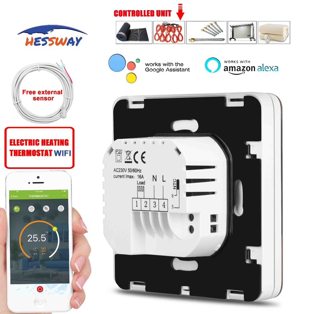 HESSWAY-termostato de calefacción por suelo radiante, termostato con WIFI, aplicación TUYA, 16A, cable de calefacción, película de calefacción eléctrica