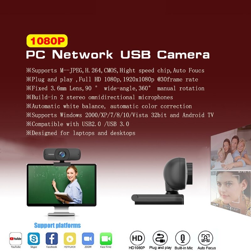 Webcam grand Angle 1080P/2K 90 °, caméra d'ordinateur, Autofocus, avec microphone et protection de confidentialité, pour appels vidéo et enregistrement