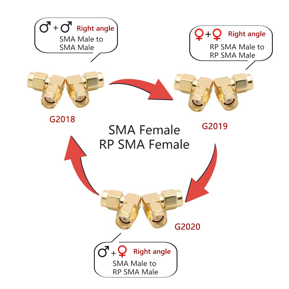 Conector SMA a SMA macho hembra RP SMA a SMA macho RPSMA, convertidor de adaptador RF de 3 vías de ángulo recto