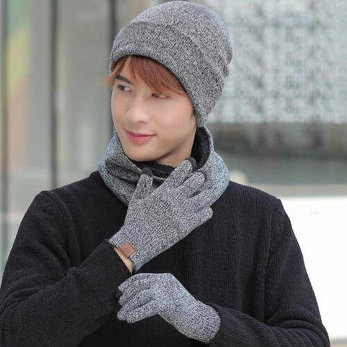 3 Pce/Set gorro bufanda guantes par invierno a prueba de viento grueso bufandas Kit de de Punto más terciopelo sombrero bufanda conjunto para hombres y mujeres: MEN BALCK