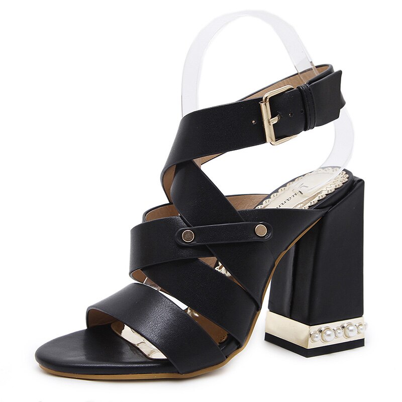 2019 sommer nye mode kvinder gladiatorer firkantede høje hæle sandaler snørebånd åbne tå sandaler dame slingback perle læder sko: Sort / 6.5