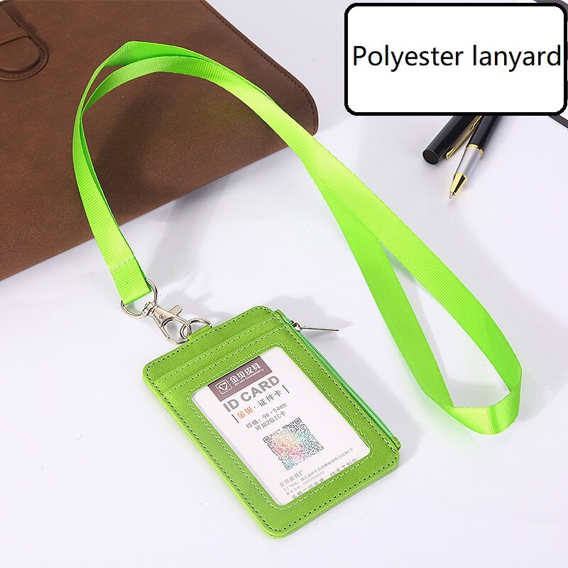 Pu Lederen Id Badge Houder Met Rits Porte Bus Pass Case Cover Slip Mannen Vrouwen Bank Credit Card Houder met Polyester Lanyard: Green Polyester