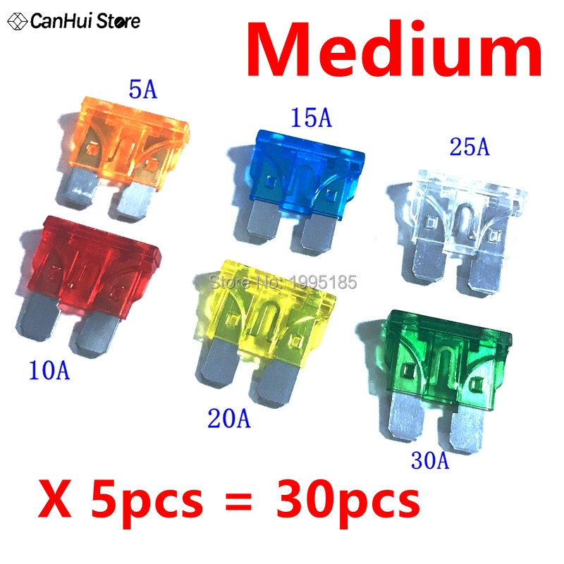 30 Uds 5A10A15A20A25A30A x 5 uds M2/Mini/pequeño/mediano juego de fusibles de coche Mini fusible de hoja estándar mixto para Auto camión barco automotriz: Oro