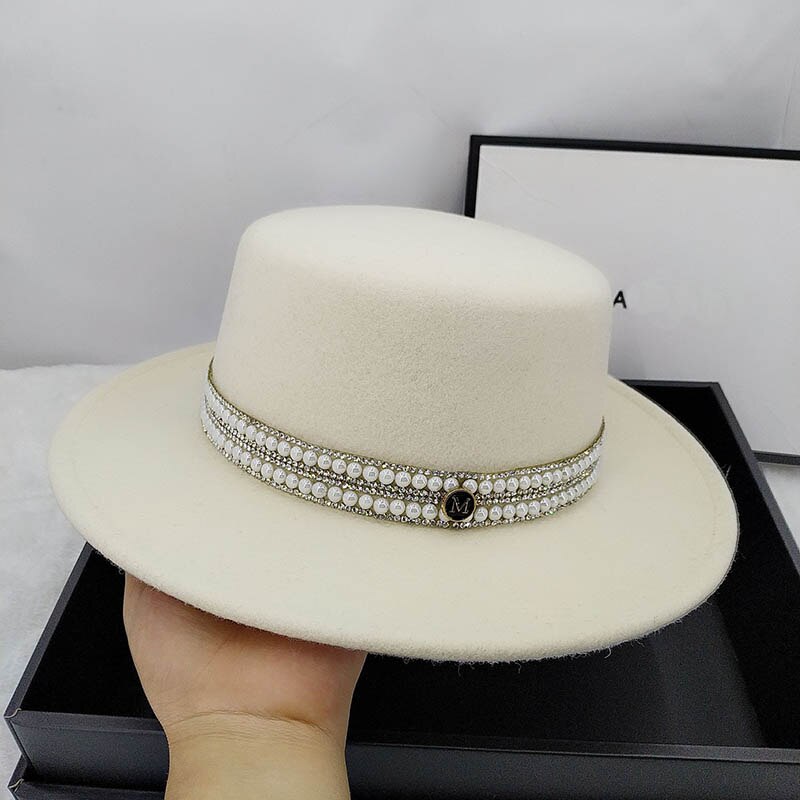 Sombrero plano con diamantes de imitación para mujer, gorro de lana de con diamantes de imitación, estilo inglés, para otoño e invierno, QDKPOTC,