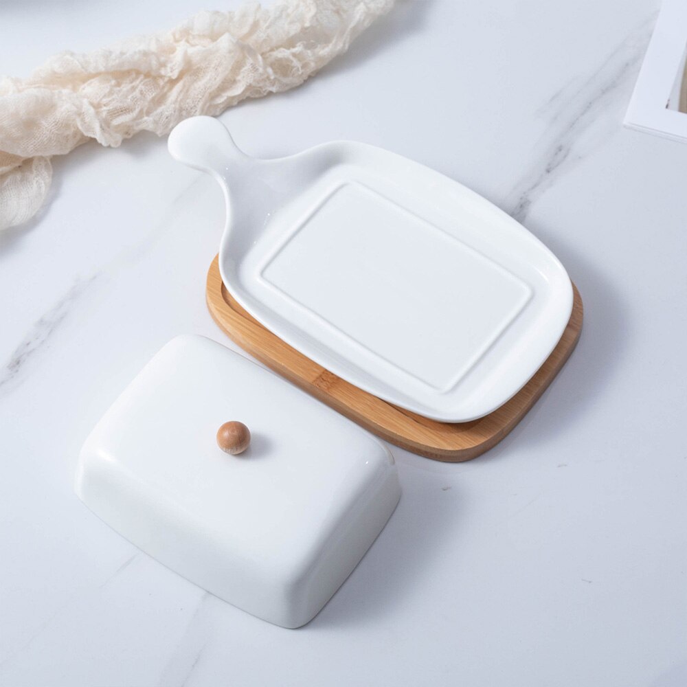 Ceramics Butter Dish With Lid East/West Coast Butter With Handle Bamboo Tray Simple Pure Rectangular Butter Plate Kitchen Tool