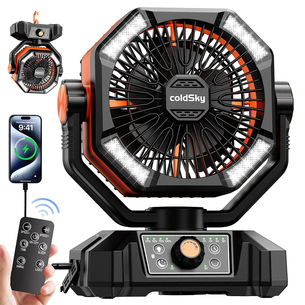 ColdSky-ventilador de Camping con batería de 20000mAh, linterna de 4 LED, ventilador de escritorio de 8 velocidades, ventilador portátil para exteriores para tienda de campaña, canciones de trabajo