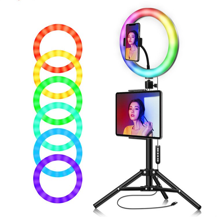 10 zoll RGB licht bunte Usb Schönheit Video Studio Foto Kreis Lampe Dimmbare Selfie LED Ring Licht Mit Stativ Blitz-LED