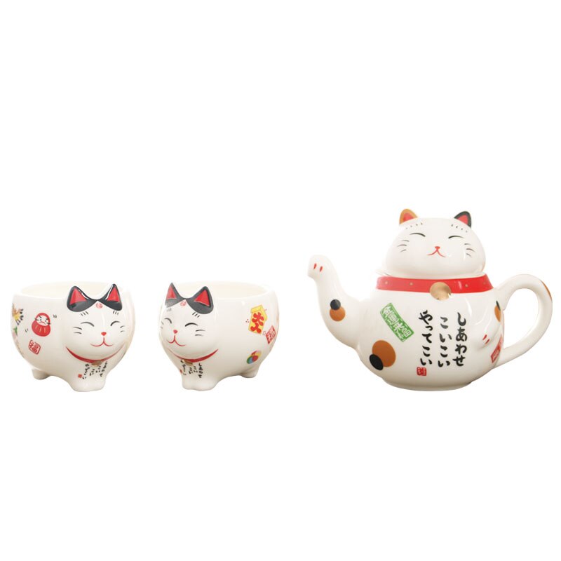 Cute Lucky Cat Porcelain Tea Set Cartoon Ceramic Tea Cup Pot with Strainer Lovely Plutus Cat Teapot Mug Teaware: 1pot and 2cup