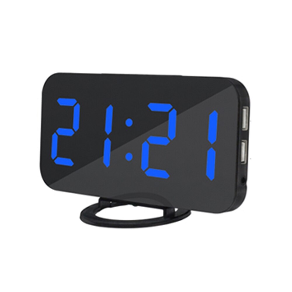 LED Alarm Clock With Dual USB Charging Port For Mobile Phone Charging Mirror Clock Snooze Function Automatic Dimming: Blue on Black