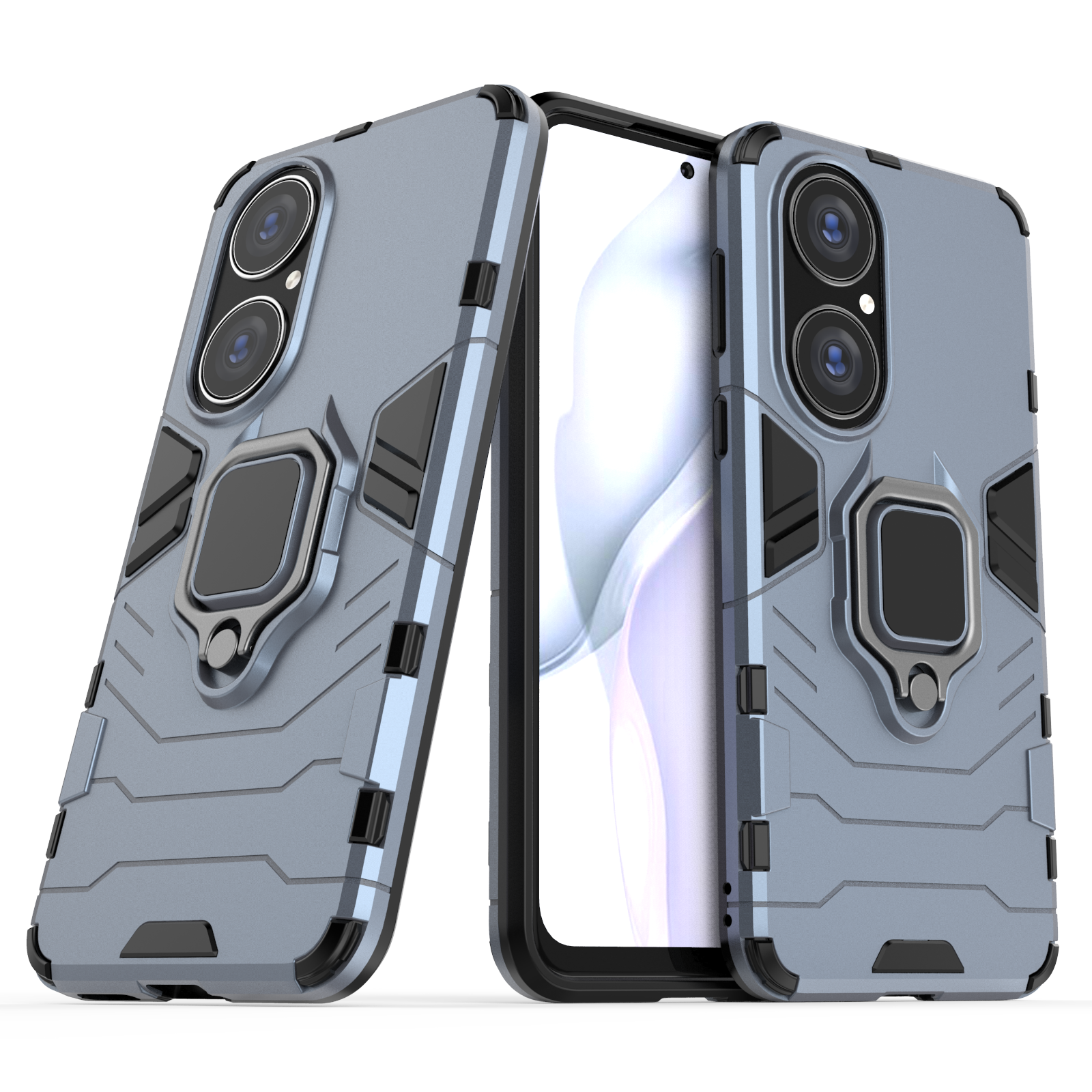 Armor Shockproof Case For Huawei P60 P50 P40 P30 P20 Lite Pro Plus Bumper Metal Ring Stand Back Cover: POLYESTER / Blue