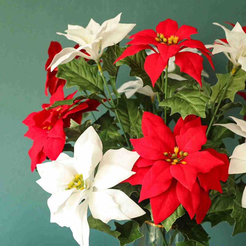 1 Branch 2 Heads Real Touch Cloth Christmas Flowers Artificial Christmas flowers Red Poinsettia vase photography props Ornaments