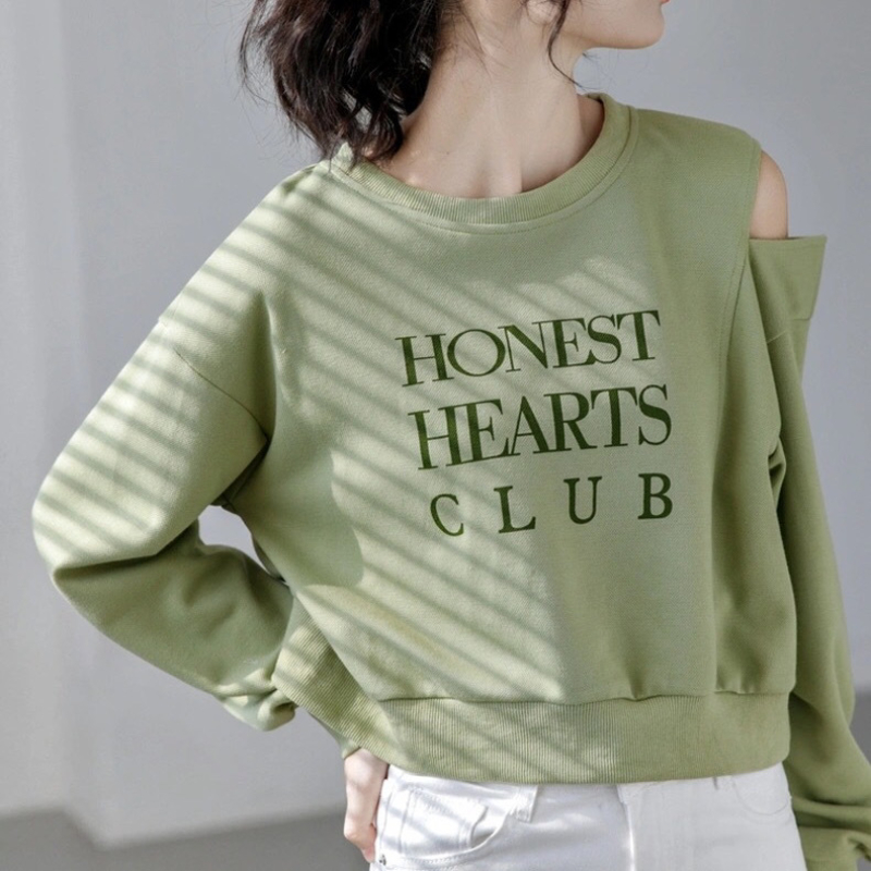 Primavera autunno Y2K lettera stampa maglione donna manica lunga con spalle scoperte sciolto moda donna top coreano giovane stile femminile Pullover: XL / green