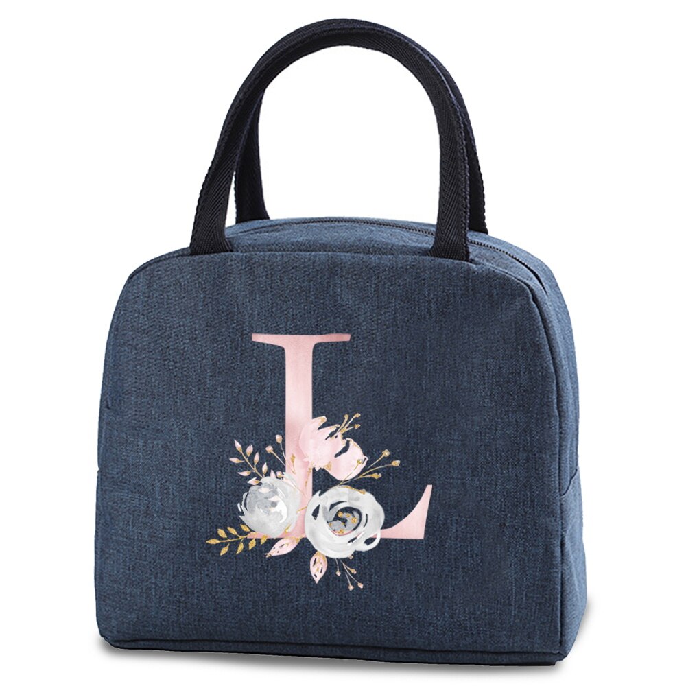 Saco térmico isolado almoço alimentos armazenamento sacos refrigerados zip piquenique tote carta rosa flor impressão fonte a b c d e bolsa: Marfim