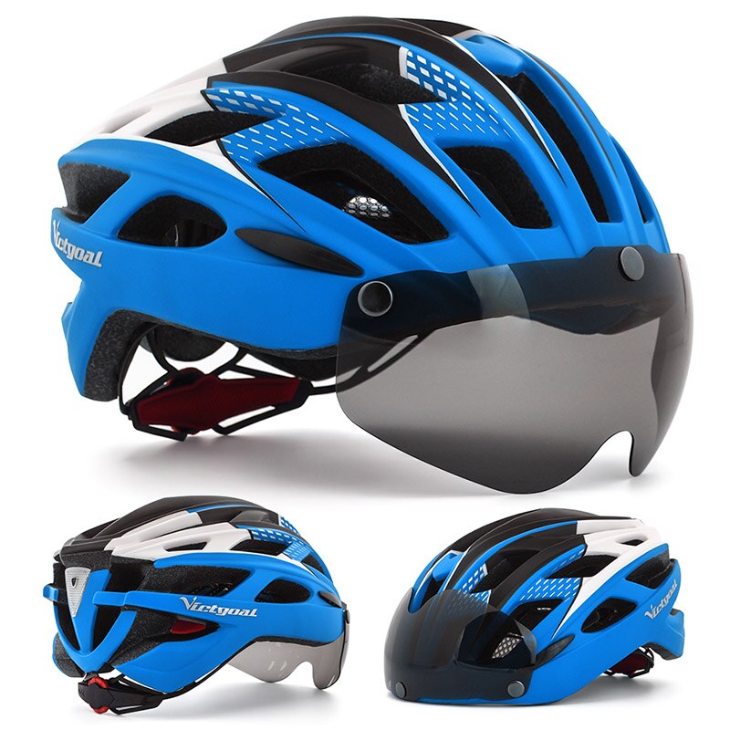Victgoal adultos capacete da bicicleta capacete com destacável magnético óculos de proteção &amp; segurança led luz traseira ciclismo capacetes das mulheres dos homens: Blue Helmet